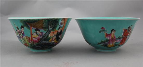 A pair of Chinese turquoise ground famille rose bowls, 20th century, 20cm.